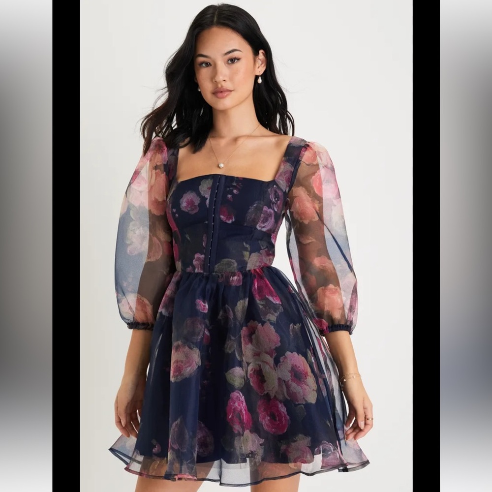 Lulu’s Lovely Idea Navy Blue Floral 3/4 Sleeve Skater Dress